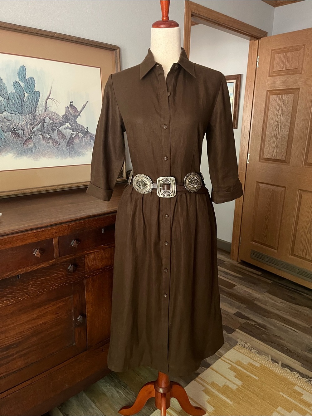 Land’s End 100% Linen Chocolate midi a-line dress 3/4 sleeves size 10